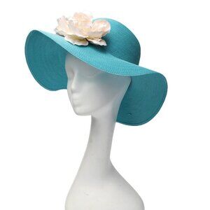 Vintage Large Straw Sun Hat Union Made USA Flower Light Blue Vacation Beach
